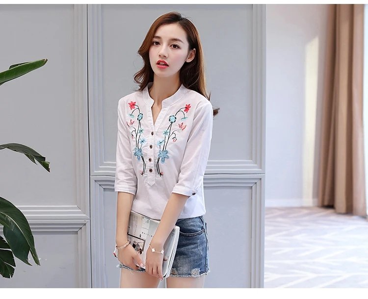 Fashion Cotton Linen V-Neck Women Blouse Shirt Autumn Summer Half Sleeve White OL Blouse V-neck Casual Women Tops Blusas D377