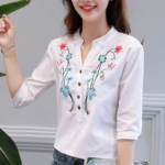 Fashion Cotton Linen V-Neck Women Blouse Shirt Autumn Summer Half Sleeve White OL Blouse V-neck Casual Women Tops Blusas D377 - Image 3
