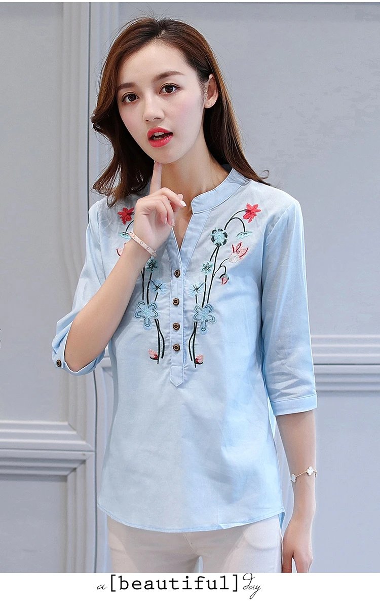 Fashion Cotton Linen V-Neck Women Blouse Shirt Autumn Summer Half Sleeve White OL Blouse V-neck Casual Women Tops Blusas D377