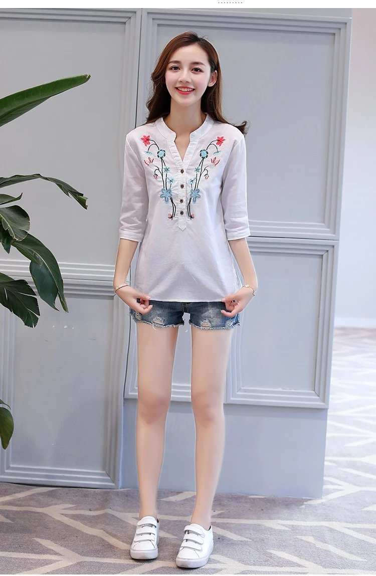 Fashion Cotton Linen V-Neck Women Blouse Shirt Autumn Summer Half Sleeve White OL Blouse V-neck Casual Women Tops Blusas D377