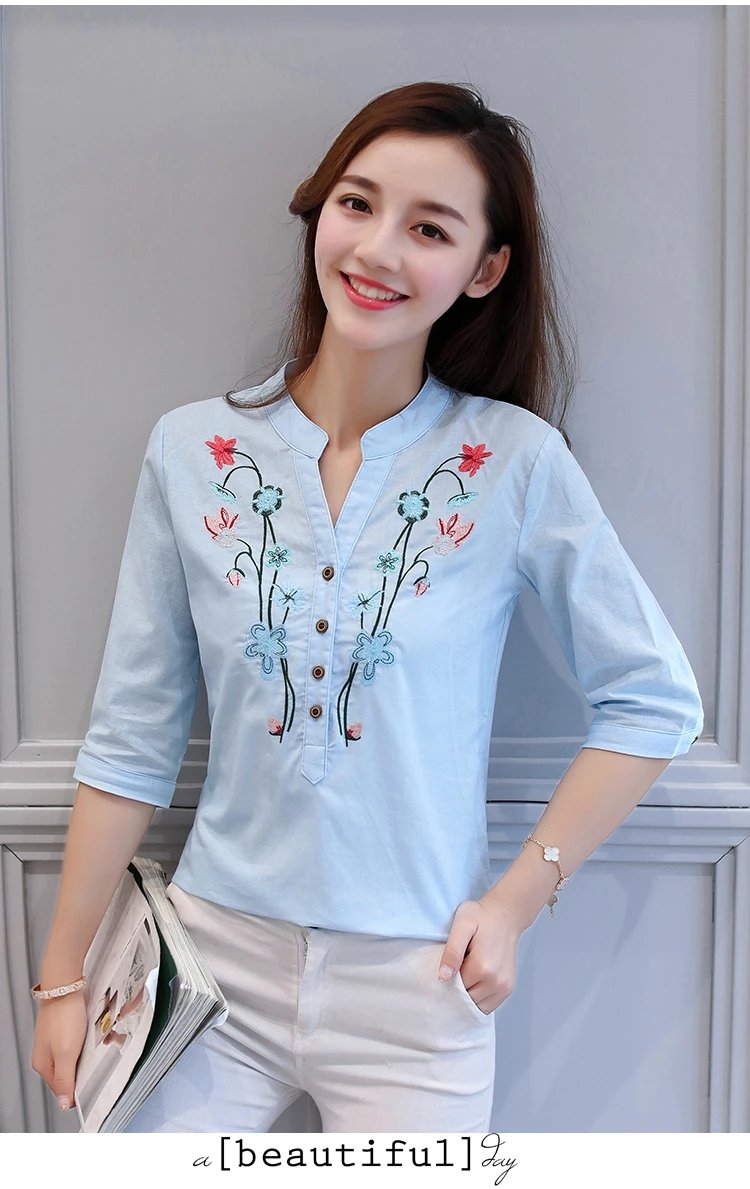 Fashion Cotton Linen V-Neck Women Blouse Shirt Autumn Summer Half Sleeve White OL Blouse V-neck Casual Women Tops Blusas D377