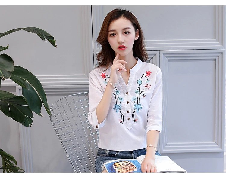 Fashion Cotton Linen V-Neck Women Blouse Shirt Autumn Summer Half Sleeve White OL Blouse V-neck Casual Women Tops Blusas D377