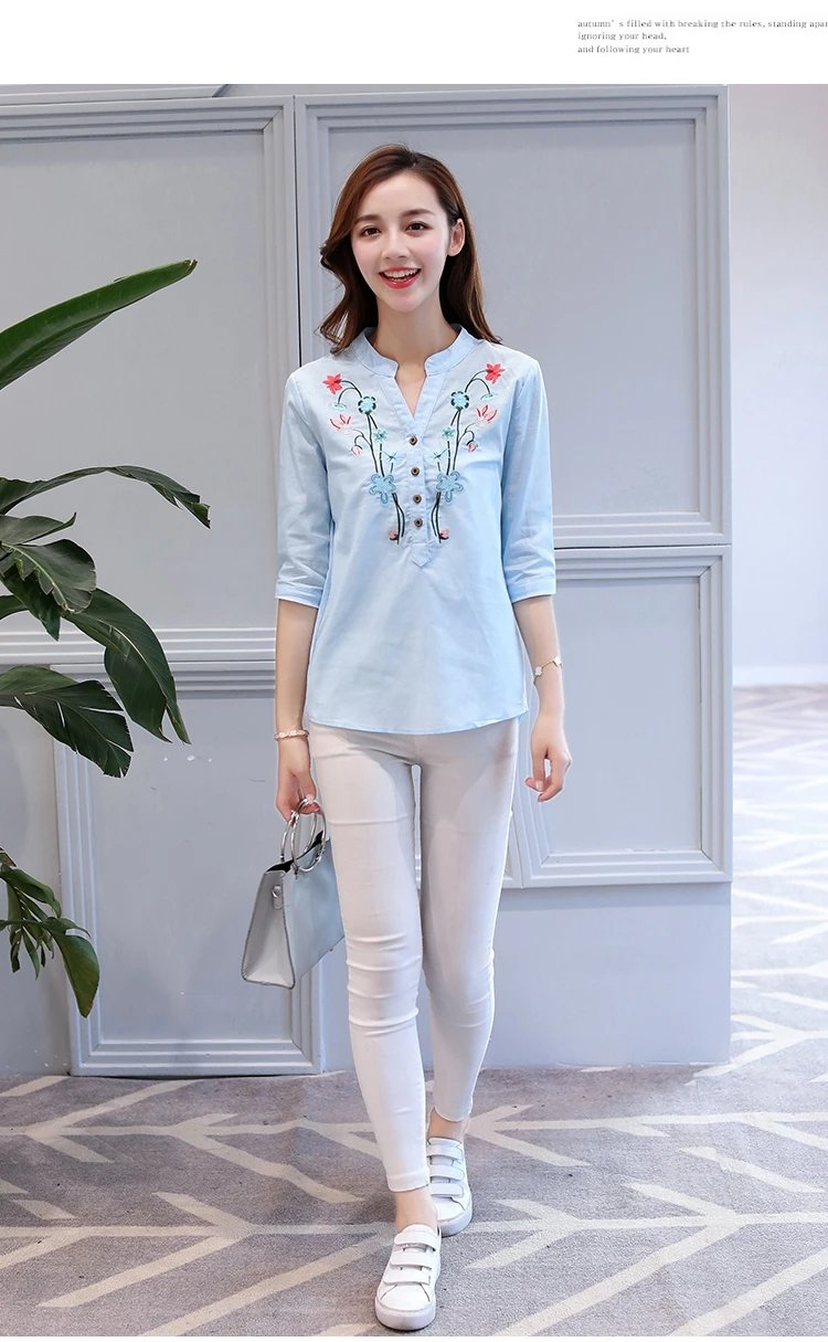 Fashion Cotton Linen V-Neck Women Blouse Shirt Autumn Summer Half Sleeve White OL Blouse V-neck Casual Women Tops Blusas D377