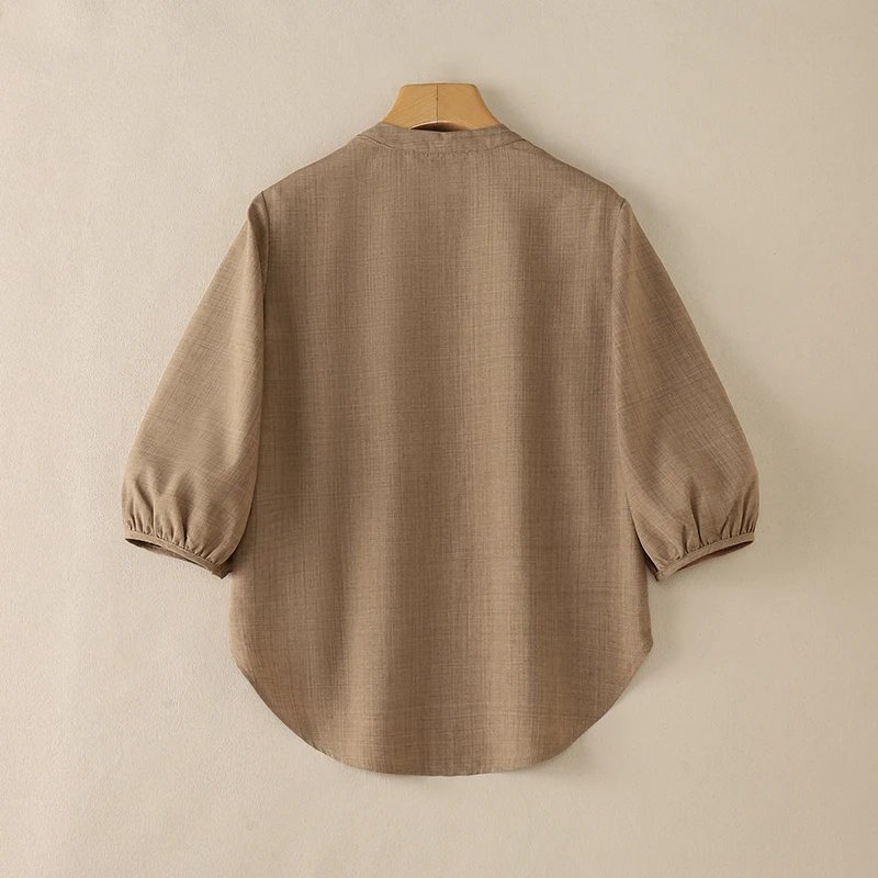 ZANZEA Vintage Women Blouse Summer Shirt Stand Neck 3/4 Sleeve Work Blusas Casual Solid Buttons Down Tops Mujer High Low Chemise