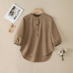 ZANZEA Vintage Women Blouse Summer Shirt Stand Neck 3/4 Sleeve Work Blusas Casual Solid Buttons Down Tops Mujer High Low Chemise - Image 4
