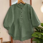 ZANZEA Vintage Women Blouse Summer Shirt Stand Neck 3/4 Sleeve Work Blusas Casual Solid Buttons Down Tops Mujer High Low Chemise - Image 3