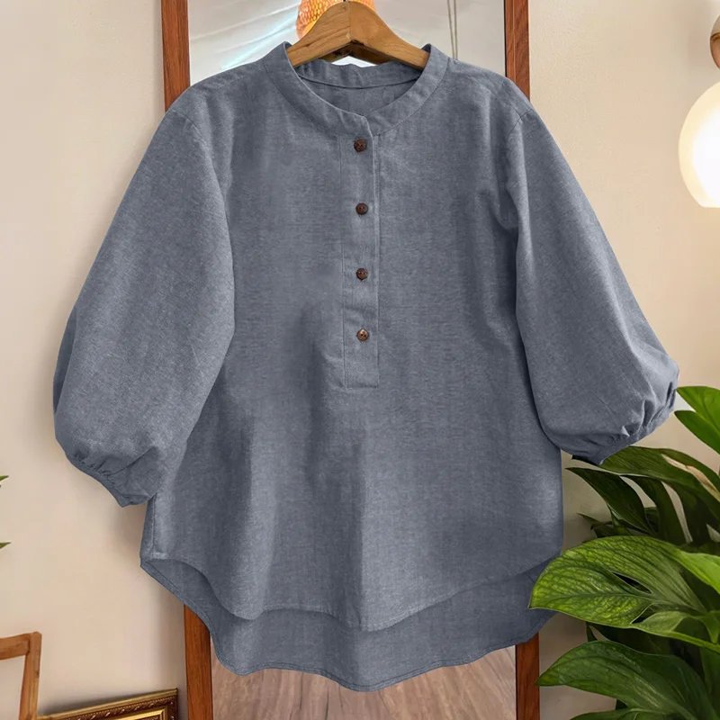 ZANZEA Vintage Women Blouse Summer Shirt Stand Neck 3/4 Sleeve Work Blusas Casual Solid Buttons Down Tops Mujer High Low Chemise