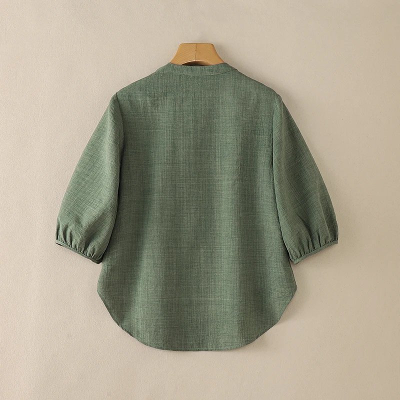 ZANZEA Vintage Women Blouse Summer Shirt Stand Neck 3/4 Sleeve Work Blusas Casual Solid Buttons Down Tops Mujer High Low Chemise
