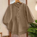 ZANZEA Vintage Women Blouse Summer Shirt Stand Neck 3/4 Sleeve Work Blusas Casual Solid Buttons Down Tops Mujer High Low Chemise