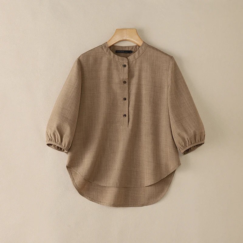 ZANZEA Vintage Women Blouse Summer Shirt Stand Neck 3/4 Sleeve Work Blusas Casual Solid Buttons Down Tops Mujer High Low Chemise