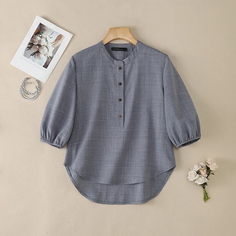ZANZEA Vintage Women Blouse Summer Shirt Stand Neck 3/4 Sleeve Work Blusas Casual Solid Buttons Down Tops Mujer High Low Chemise