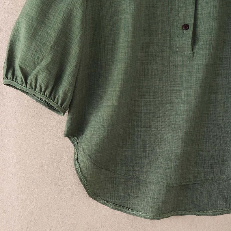 ZANZEA Vintage Women Blouse Summer Shirt Stand Neck 3/4 Sleeve Work Blusas Casual Solid Buttons Down Tops Mujer High Low Chemise