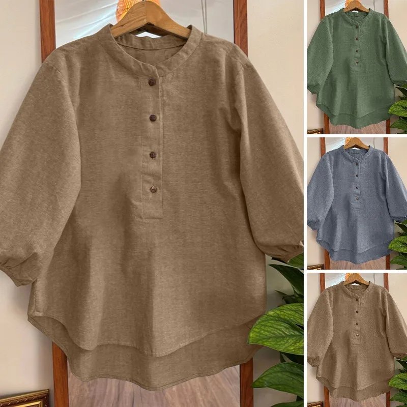 ZANZEA Vintage Women Blouse Summer Shirt Stand Neck 3/4 Sleeve Work Blusas Casual Solid Buttons Down Tops Mujer High Low Chemise