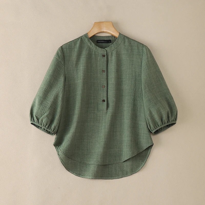 ZANZEA Vintage Women Blouse Summer Shirt Stand Neck 3/4 Sleeve Work Blusas Casual Solid Buttons Down Tops Mujer High Low Chemise