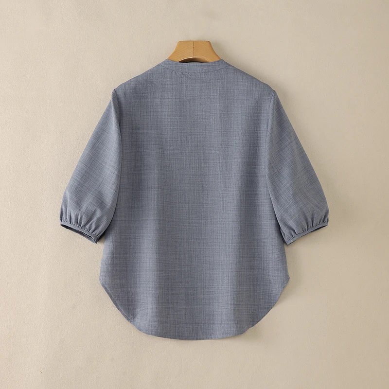 ZANZEA Vintage Women Blouse Summer Shirt Stand Neck 3/4 Sleeve Work Blusas Casual Solid Buttons Down Tops Mujer High Low Chemise