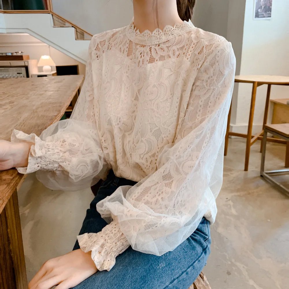 Spring Women White Lace Blouse Shirt Long Sleeve Blouse Femme Women Tops Shirts hollow out womens bouses shirts tops