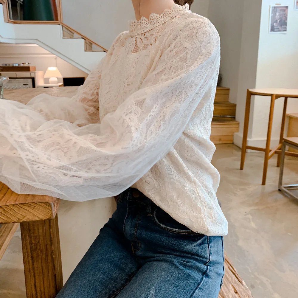 Spring Women White Lace Blouse Shirt Long Sleeve Blouse Femme Women Tops Shirts hollow out womens bouses shirts tops