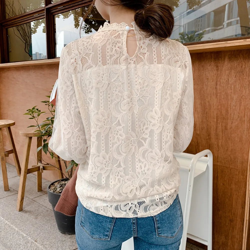 Spring Women White Lace Blouse Shirt Long Sleeve Blouse Femme Women Tops Shirts hollow out womens bouses shirts tops