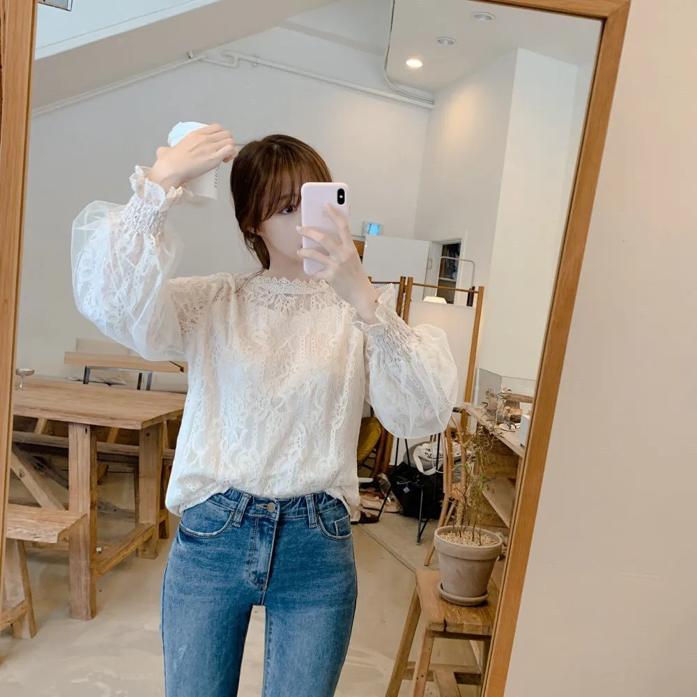 Spring Women White Lace Blouse Shirt Long Sleeve Blouse Femme Women Tops Shirts hollow out womens bouses shirts tops
