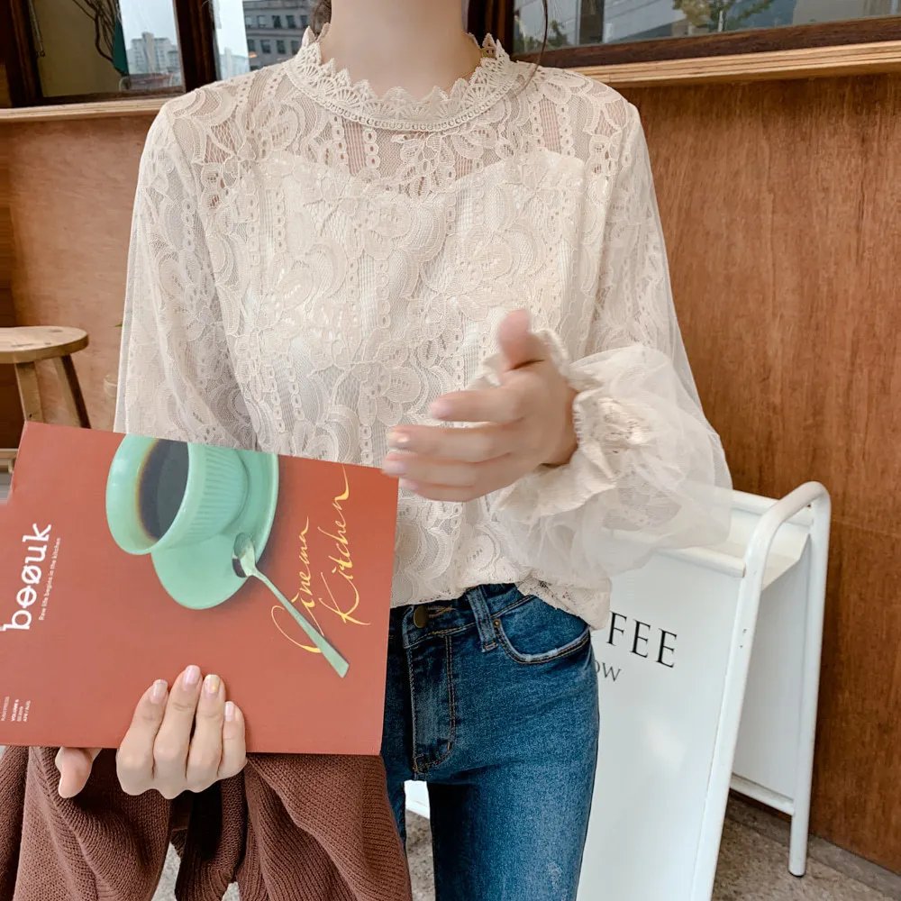 Spring Women White Lace Blouse Shirt Long Sleeve Blouse Femme Women Tops Shirts hollow out womens bouses shirts tops