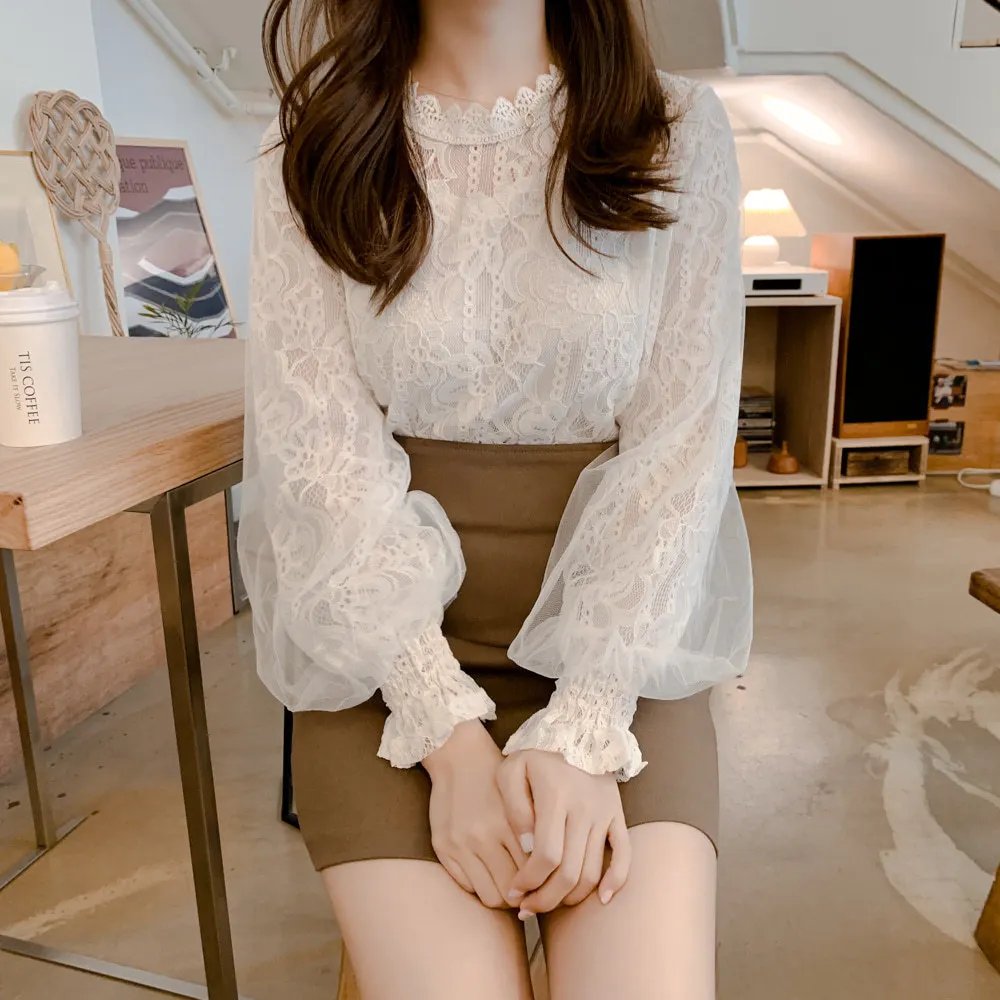Spring Women White Lace Blouse Shirt Long Sleeve Blouse Femme Women Tops Shirts hollow out womens bouses shirts tops