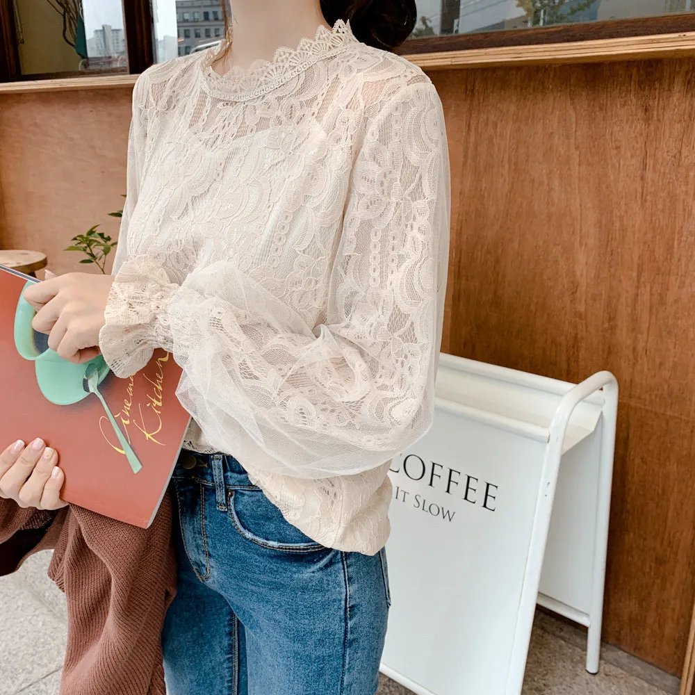 Spring Women White Lace Blouse Shirt Long Sleeve Blouse Femme Women Tops Shirts hollow out womens bouses shirts tops