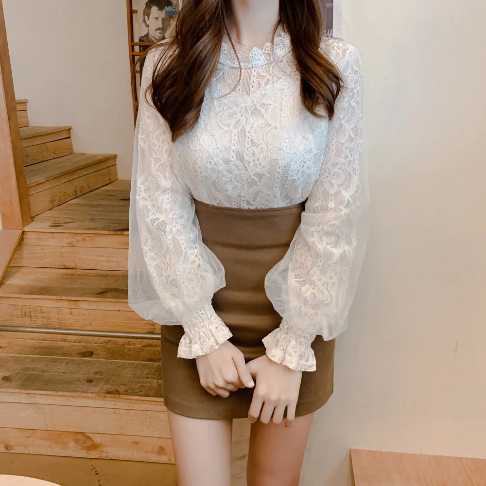 Spring Women White Lace Blouse Shirt Long Sleeve Blouse Femme Women Tops Shirts hollow out womens bouses shirts tops