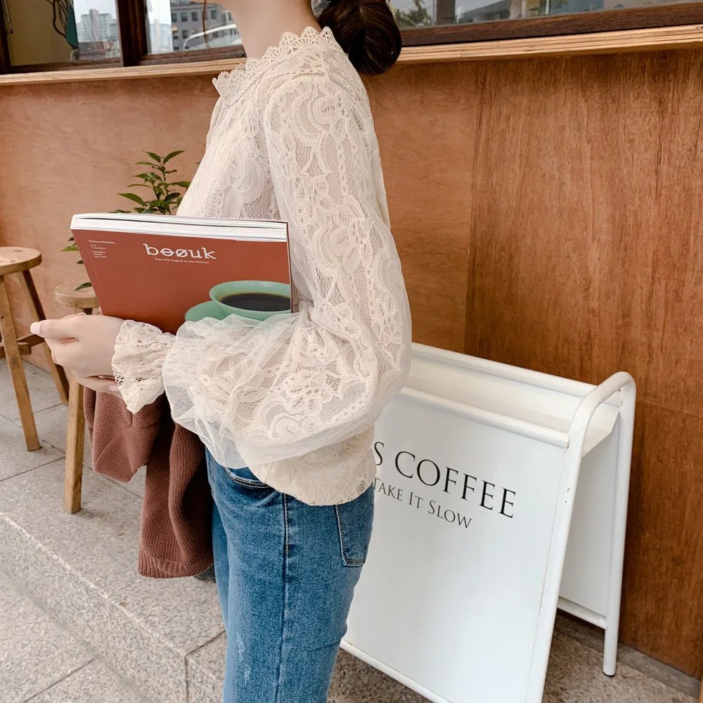 Spring Women White Lace Blouse Shirt Long Sleeve Blouse Femme Women Tops Shirts hollow out womens bouses shirts tops