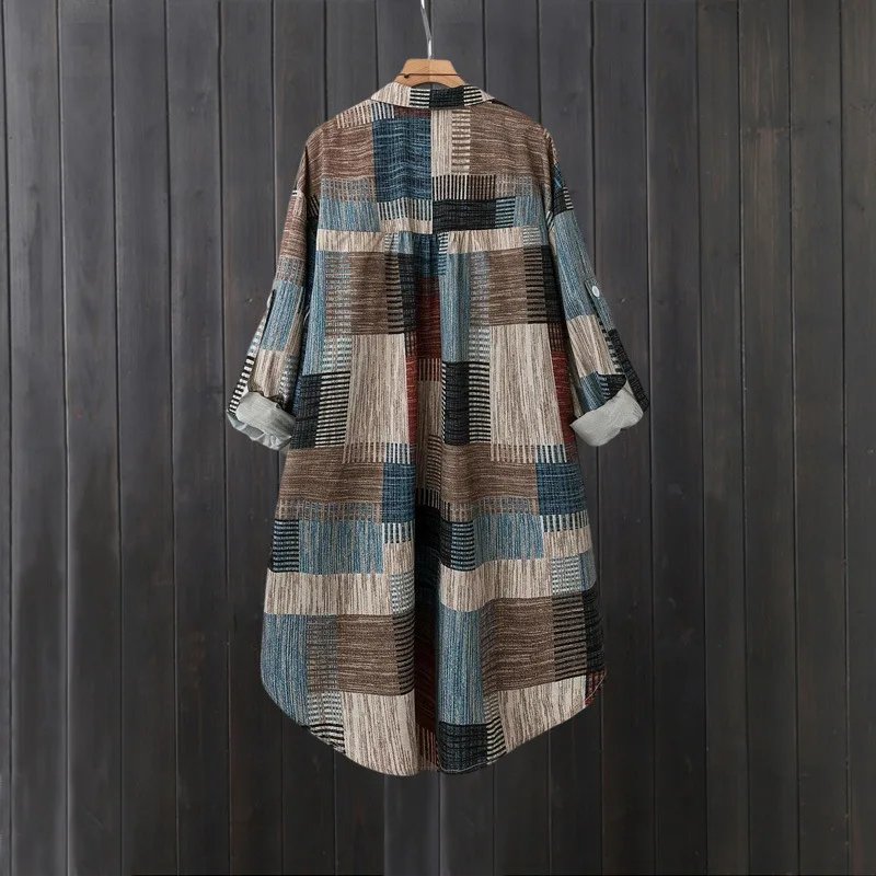 Women's mid-length shirt, large size loose hip-covering top, casual long-sleeved plaid shirt, sun protection shirt