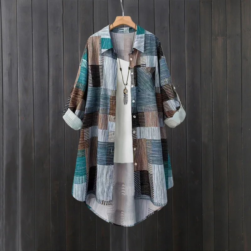Women's mid-length shirt, large size loose hip-covering top, casual long-sleeved plaid shirt, sun protection shirt