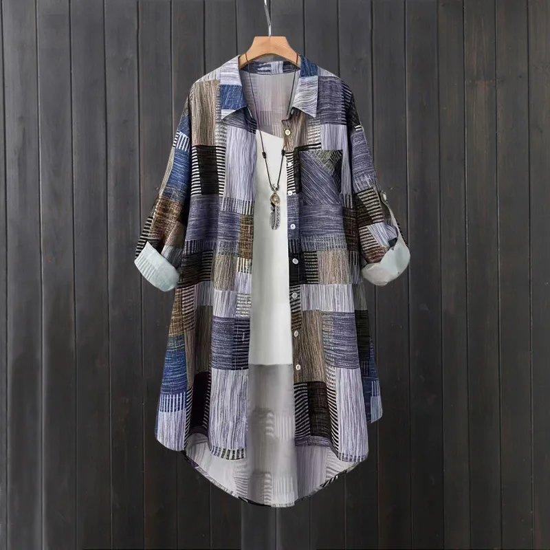 Women's mid-length shirt, large size loose hip-covering top, casual long-sleeved plaid shirt, sun protection shirt