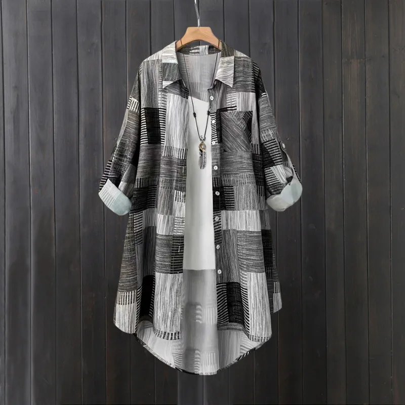 Women's mid-length shirt, large size loose hip-covering top, casual long-sleeved plaid shirt, sun protection shirt