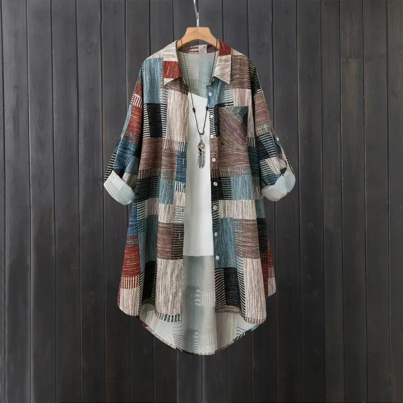 Women's mid-length shirt, large size loose hip-covering top, casual long-sleeved plaid shirt, sun protection shirt