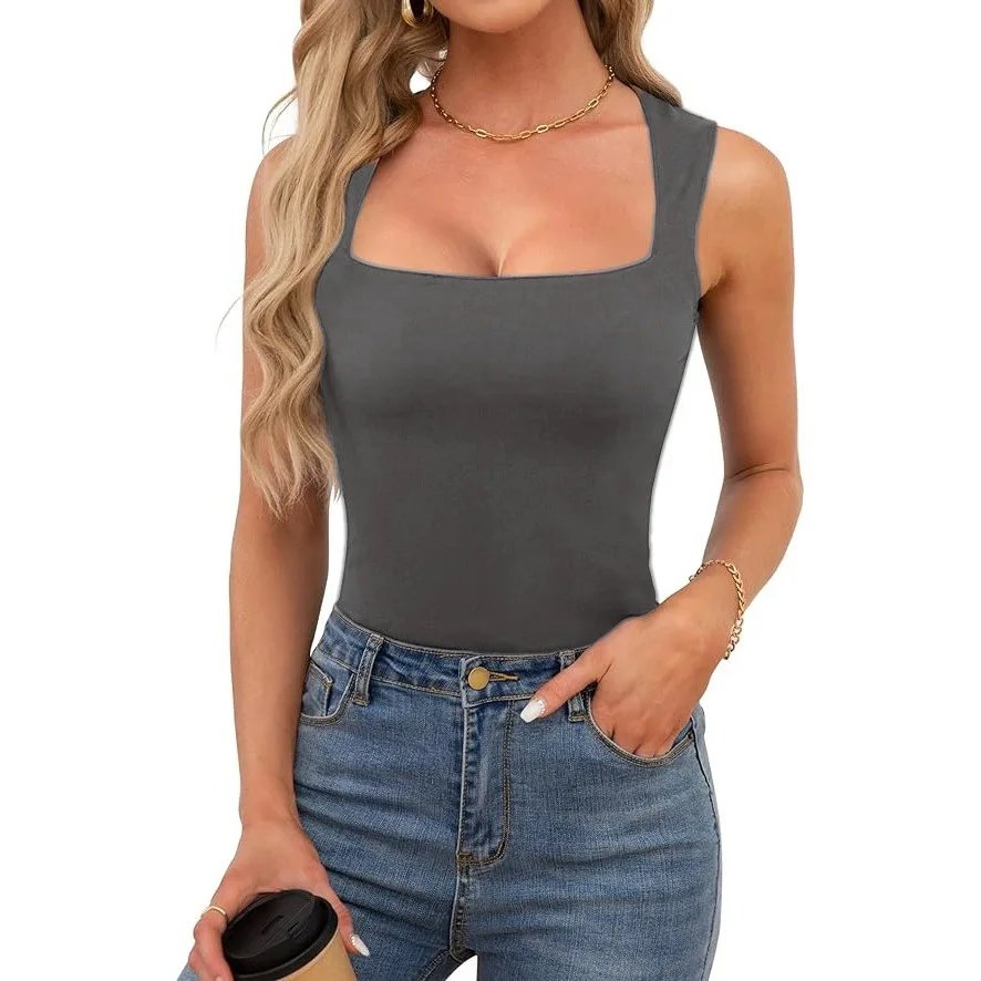 Sexy Slimming T-Shirts for Women Fashion Square Neck Sleeveless Tops Harajuku Tanks Woman Clothes Casual Top Tees Streetwear