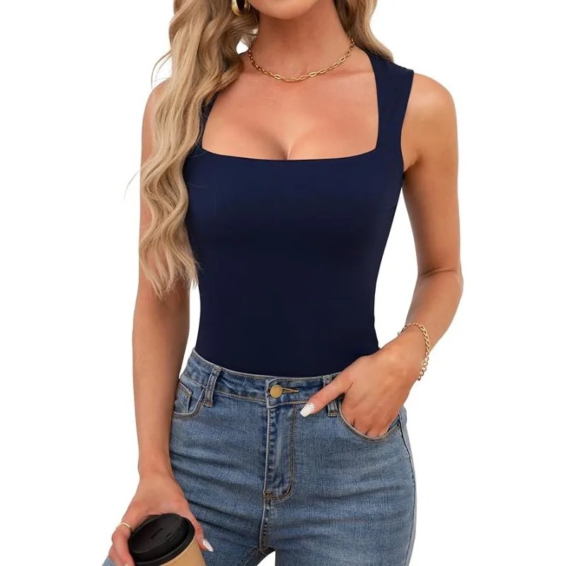 Sexy Slimming T-Shirts for Women Fashion Square Neck Sleeveless Tops Harajuku Tanks Woman Clothes Casual Top Tees Streetwear