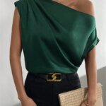 Women Summer Style Blouses Shirts Lady Casual Sleeveless Skew Collar Solid Color Blouse Tops