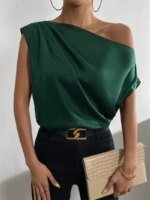 Women Summer Style Blouses Shirts Lady Casual Sleeveless Skew Collar Solid Color Blouse Tops