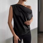 Women Summer Style Blouses Shirts Lady Casual Sleeveless Skew Collar Solid Color Blouse Tops - Image 5