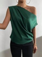 Women Summer Style Blouses Shirts Lady Casual Sleeveless Skew Collar Solid Color Blouse Tops - Image 2