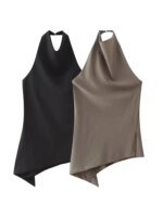 HH Womens Satin Halter Neck Top Asymmetrical Hem Sleeveless Blouse Elegant Party Club Summer Streetwear Crop Top - Image 4