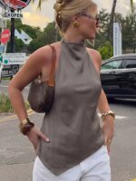 HH Womens Satin Halter Neck Top Asymmetrical Hem Sleeveless Blouse Elegant Party Club Summer Streetwear Crop Top - Image 2
