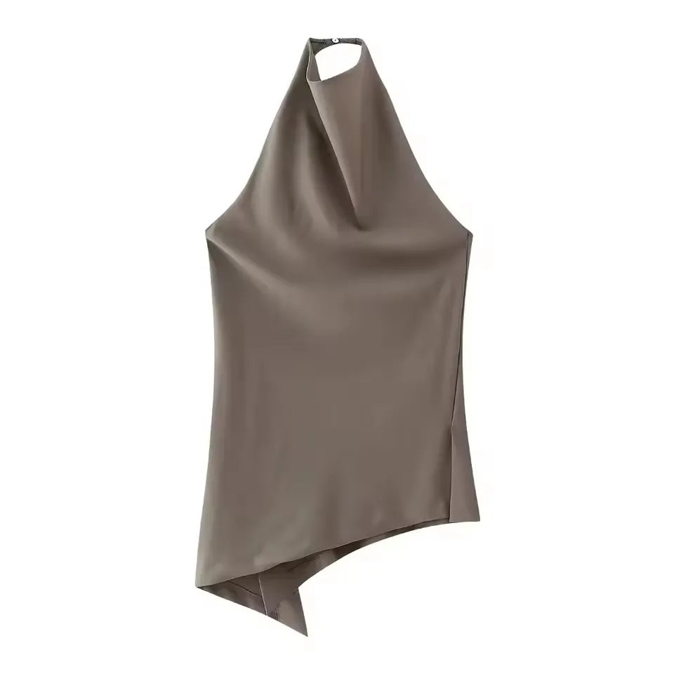 HH Womens Satin Halter Neck Top Asymmetrical Hem Sleeveless Blouse Elegant Party Club Summer Streetwear Crop Top