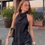 HH Womens Satin Halter Neck Top Asymmetrical Hem Sleeveless Blouse Elegant Party Club Summer Streetwear Crop Top