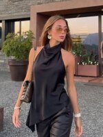 HH Womens Satin Halter Neck Top Asymmetrical Hem Sleeveless Blouse Elegant Party Club Summer Streetwear Crop Top