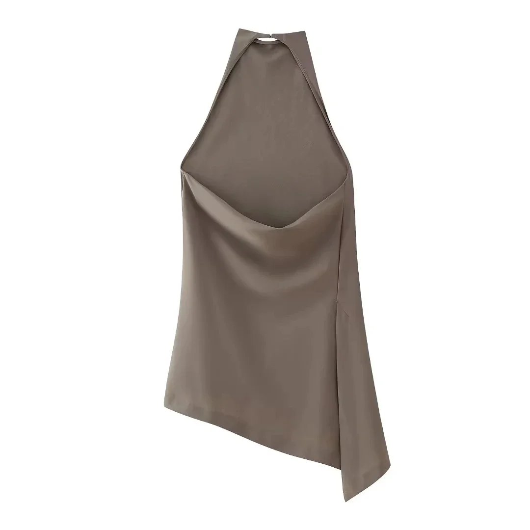 HH Womens Satin Halter Neck Top Asymmetrical Hem Sleeveless Blouse Elegant Party Club Summer Streetwear Crop Top