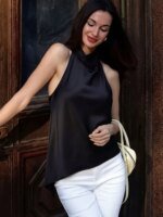 HH Womens Satin Halter Neck Top Asymmetrical Hem Sleeveless Blouse Elegant Party Club Summer Streetwear Crop Top - Image 3