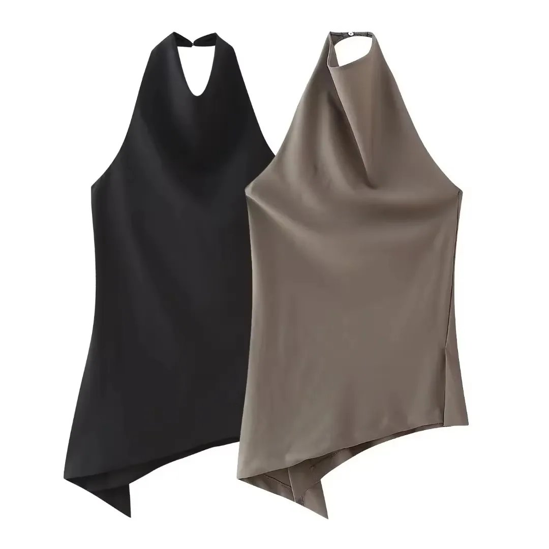 HH Womens Satin Halter Neck Top Asymmetrical Hem Sleeveless Blouse Elegant Party Club Summer Streetwear Crop Top