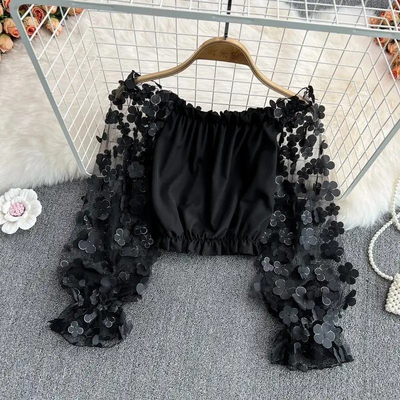 Off Shoulder Sexy Lace Blouses Women 2025 Spring Summer Korean Fashion Long Sleeve Tops Slim Flower Transparent Chiffon Shirts
