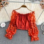 Off Shoulder Sexy Lace Blouses Women 2025 Spring Summer Korean Fashion Long Sleeve Tops Slim Flower Transparent Chiffon Shirts - Image 2