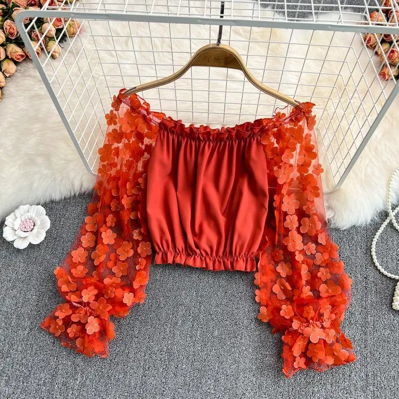 Off Shoulder Sexy Lace Blouses Women 2025 Spring Summer Korean Fashion Long Sleeve Tops Slim Flower Transparent Chiffon Shirts